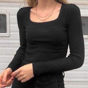 Everlane Ribbed Square Neck Long Sleeve Black Top